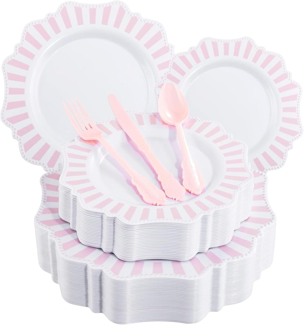 COLOSUS 150pcs Disposable Pink and White Stripped Plastic Plates and Silverware set, Light Pink Dinner/Dessert Plates silverware serve 30guests for Easter Day, Wedding Party and Daily use.