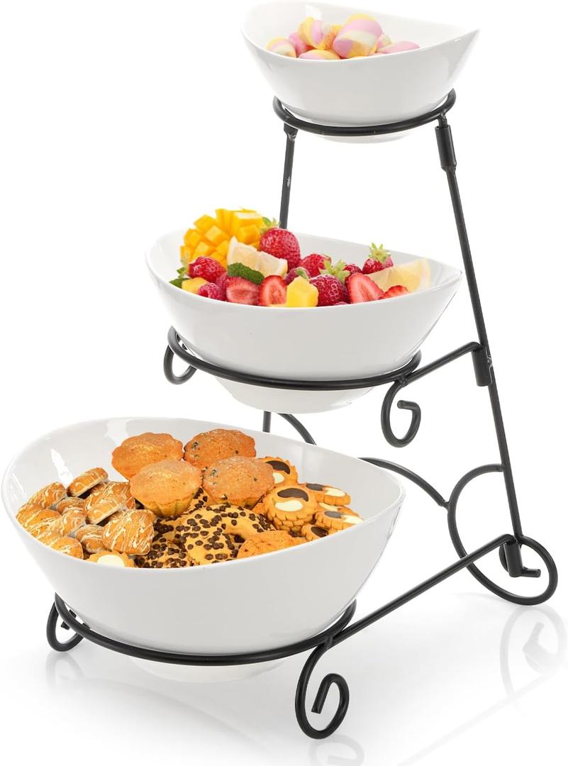 3 Tiered Serving Bowl Set, Ceramic Oval Serving Dishes with Collapsible Metal Rack, Chip and Dip Serving Set for Parties Entertaining, Appetizer Serving Platters for Fruit Dessert