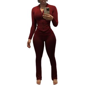Nimsruc Two Piece Outfits For Women Workout Set Long Sleeve Tracksuit Zip Up Sweatsuits (Medium, Red)