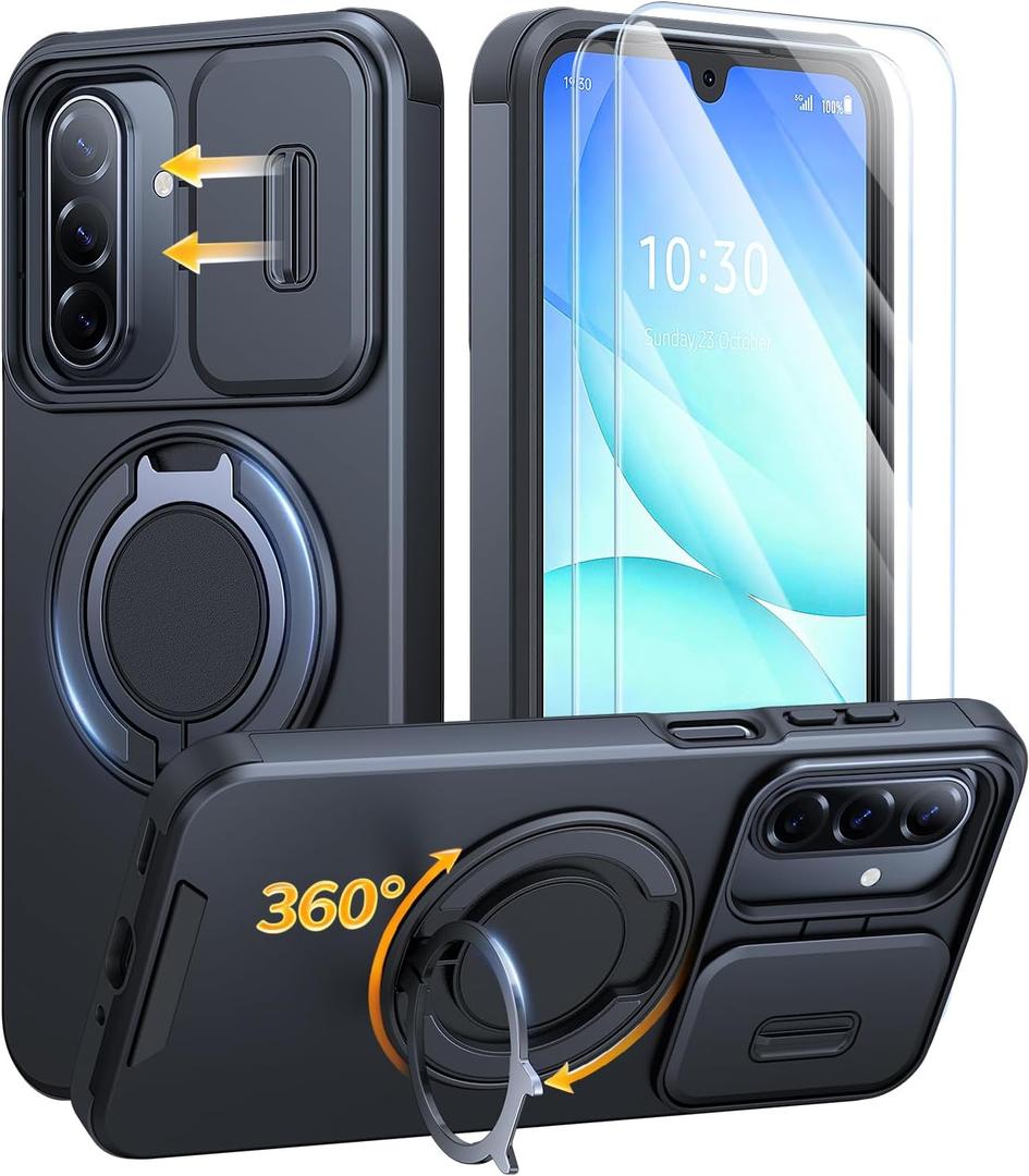 JAME for Samsung Galaxy A17/A16 5G Case, Ring Holder Stand, Slide Camera Cover, 2 Pack Screen Protectors, Dual-Layer Shockproof Protective, Magnetic Accessory Friendly Galaxy A16/A17 4G Case, Black