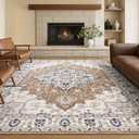 Rugflix 8x10 Area Rug for Living Room, Vintage Washable Area Rug Non Slip Backing Low Pile, Floral Soft Foldable Carpet for Bedroom Dining Room, Brown/Beige