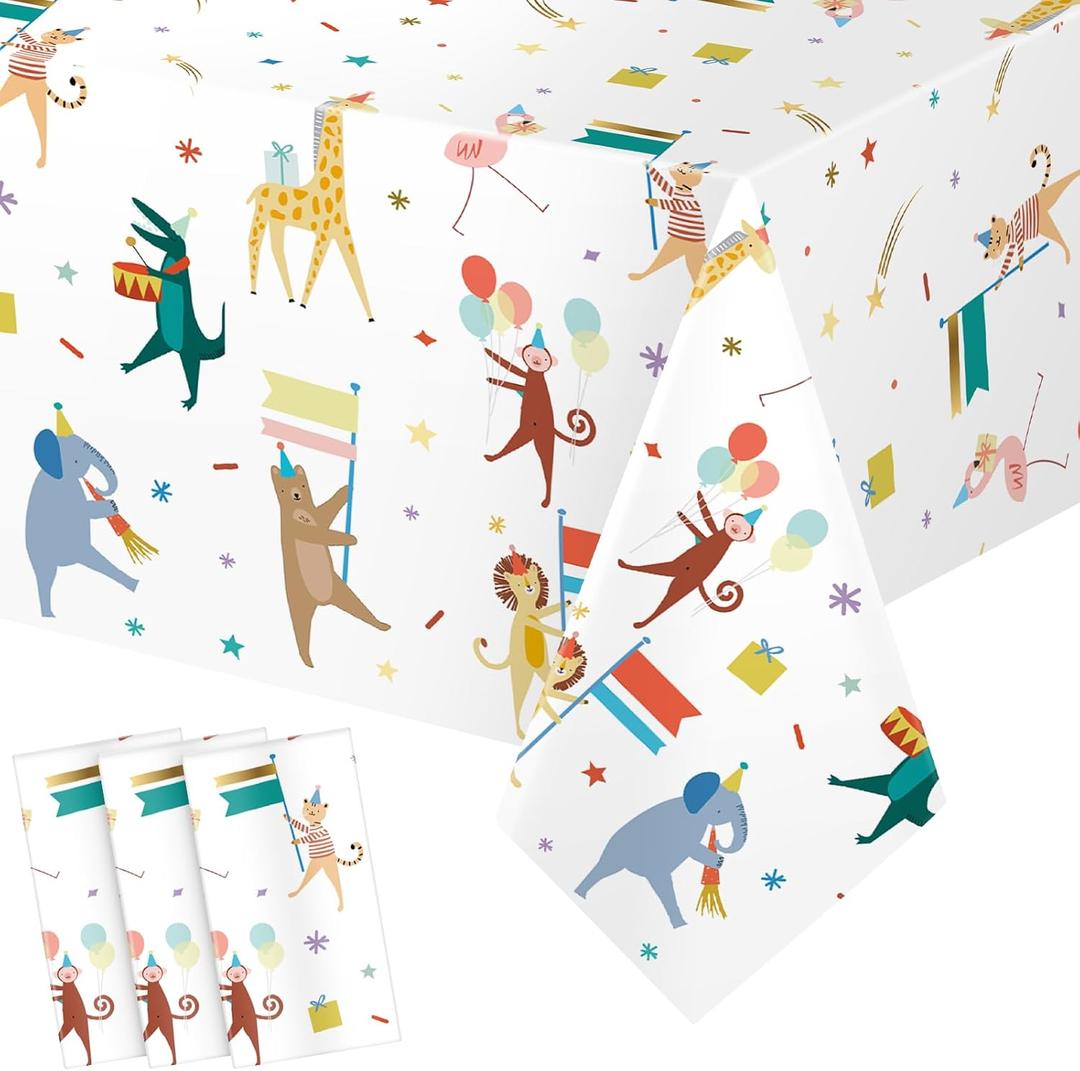 Maxdot 3 Pieces Animal Parade Party Tablecloths 108  54 Inch Safari Theme Table Cover, Plastic Disposable Table Cloth Zoo Party Supplies for Jungle Baby Shower, Animal Themed Birthday Decorations