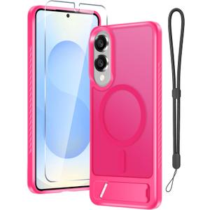 RMOCR for Samsung Galaxy S25 Edge Case with Screen Protector+Lanyard Wrist Strap,Magnetic Translucent Matte Rugged Slim Phone Cover Built in Invisible Kickstand [Fit for MagSafe],2025 Hot Pink