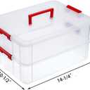 JUXYES 2-Tiers Stack Carry Storage Box With Handle, Transparent Stackable Storage Bin With Handle Lid Latching Storage Container for School & Office Supplies (Red)