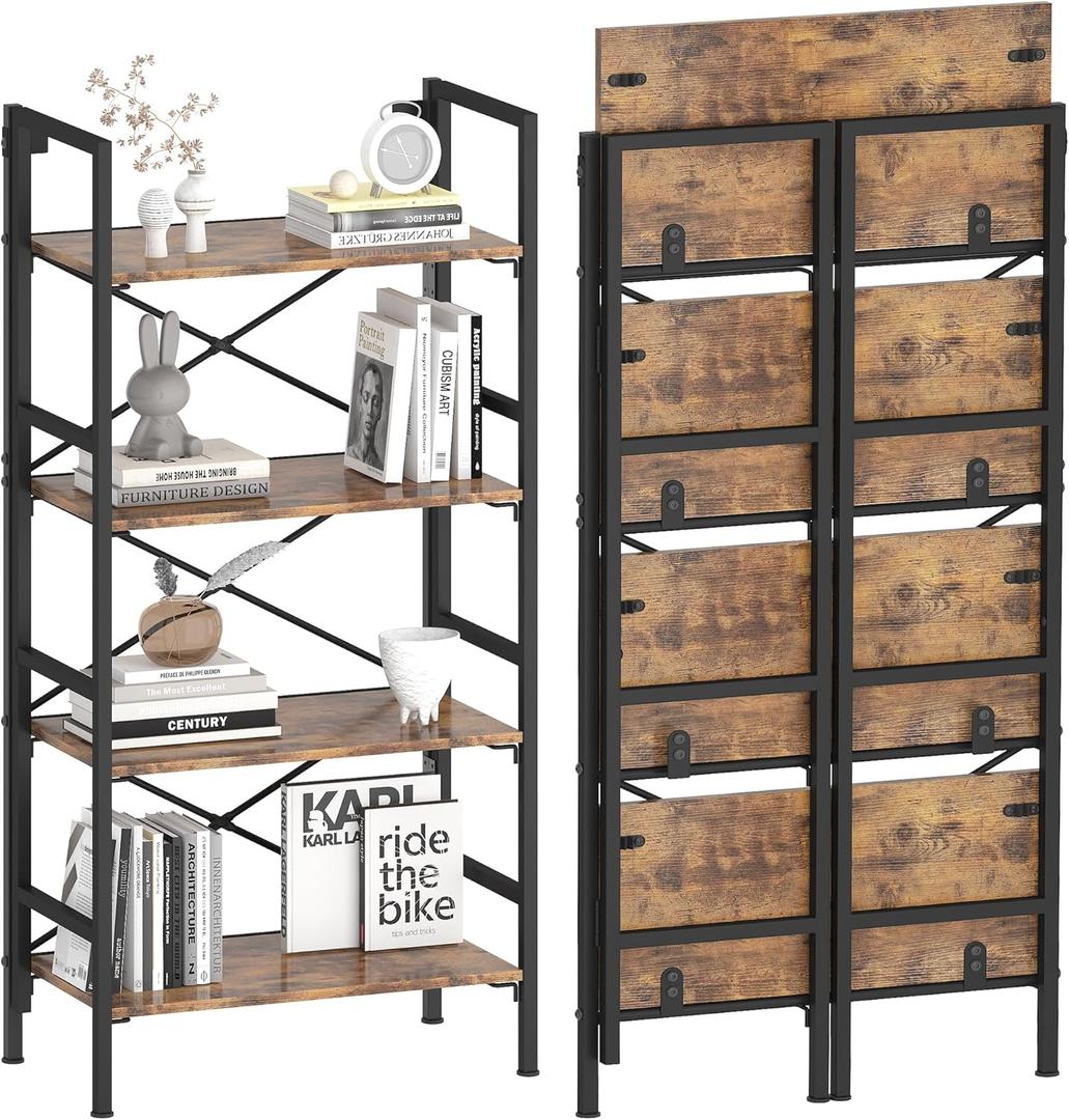 Homeiju Folding Bookshelf,4 Tier Bookcase Foldable Shelf with X-Bracket Design, Adjustable Feet, Space Saving Storage for Living Room, Office, Rustic Brown