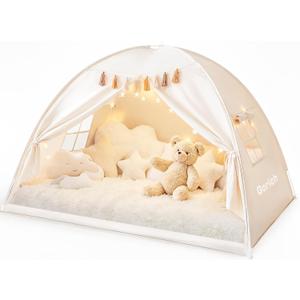 Gorich Twin Bed Tent for Kids, Indoor Privacy Toddler Sleeping Canopy with Mesh Window, Fits Bunk or Floor Bed, Include Star Lights & Tassels, Cozy Playhouse for Boys Girls Birthday (Cream)