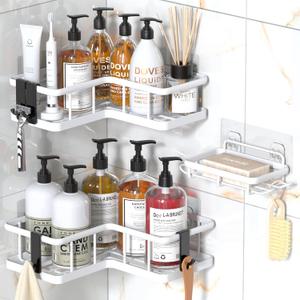 YASONIC Shower Caddy Corner, 3-Pack Adhesive Rustproof Stainless Steel Shower Shelves with Soap Holder, No Drilling Shower Organizer Corner for Dorm, Renters Bathroom, White