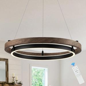 LED 2 Ring Chandelier Dimmable Up Down Light Black Chandelier Round Foyer Chandeliers Light Walnut Wood Black Circular Chandeliers for Dining Room Entry Bedroom Office Living Room, 55W Up&Downlight