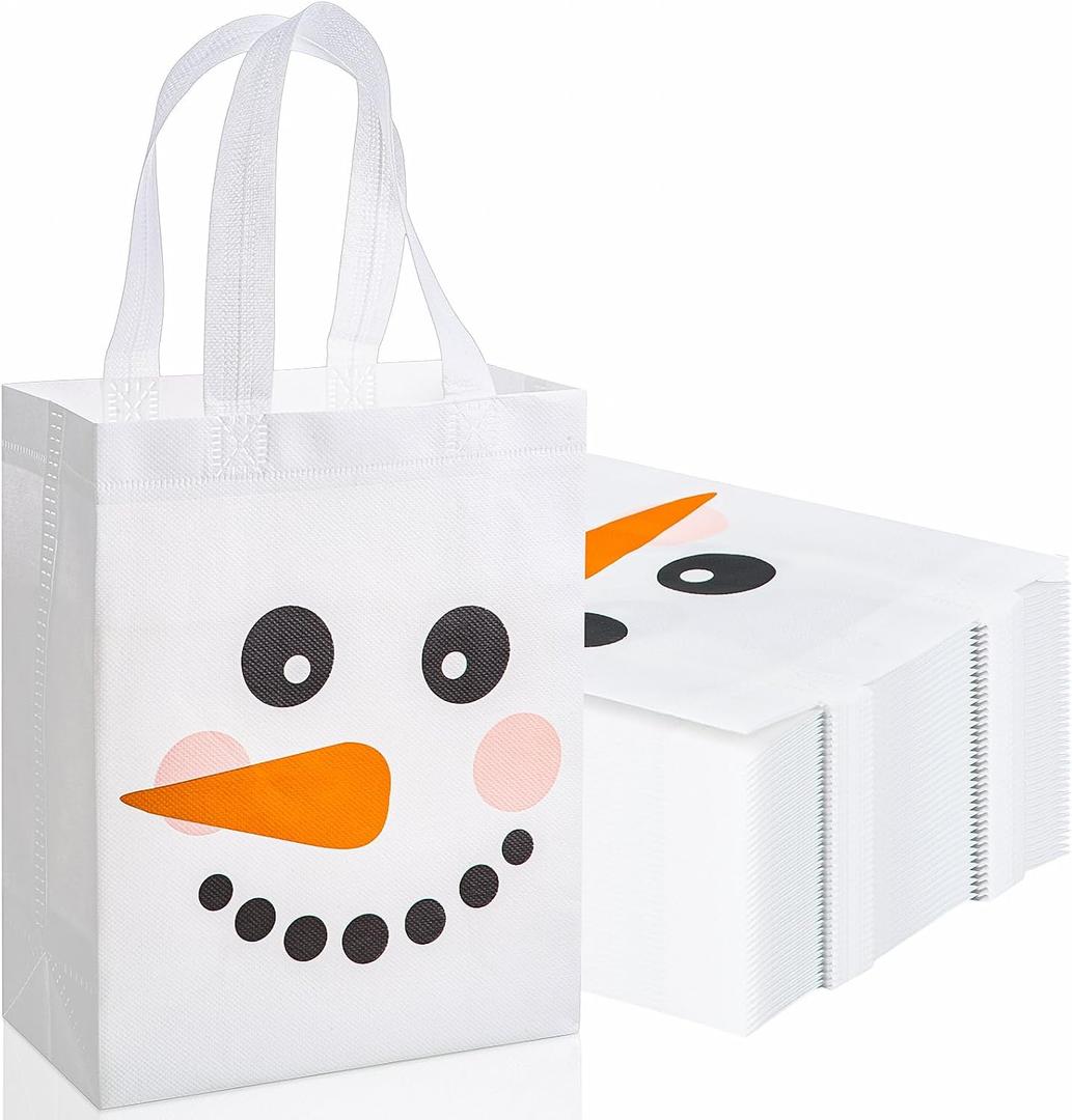 Threlaco 60 Pcs Christmas Non Woven Gift Bags Bulk with Handles Snowman | Reusable Merry Christmas Bags, with Handle Party Favors, Candy Goodie Treat Bag, Xmas Santa Holiday Gifts,9.84x7.87x3.94 Inch, 1 Count