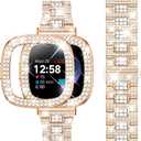 Dsytom Bling Stylish Watch Band Compatible With Fitbit Versa 4, Sense 2, Versa 3, Sense - Cute Strap With Rhinestone Protective Case Cover for Women (Rose Gold)