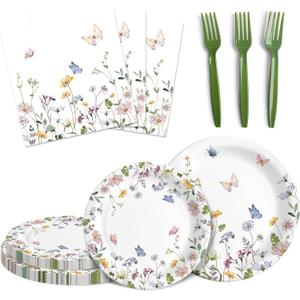 Audree 96 Pcs Wildflower Party Supplies, 24 set Disposable Paper Plates and Napkins for Party Baby Shower, Wedding, Birthday, Perfect for Guests Set Dinner and Dessert Plates, Napkins, Plastic Forks