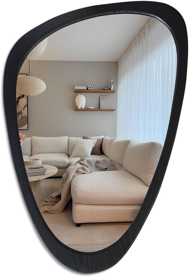 Irregular Asymmetrical Wall Mirror Frame Mirror, Abstract Mid Century Decorative Decor for Entryway Bedroom Vanity Living Room, Hanging Vertically or Horizontally, 24"x36" (Black)