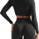 SUUKSESS Women 2 Piece Workout Sets Hidden Scrunch Hip Lifting Seamless Leggings Long Sleeve Yoga Crop Tops (Medium, Black)