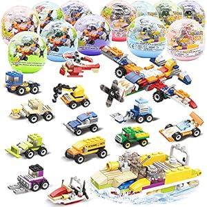 12Pcs Pre Filled Easter Eggs with Mini Buildable Vehicles Building Blocks, Car Egg Surprise Toy for Easter Egg Hunt, Easter Basket Filler, Easter Basket Stuffers, Easter Party Favors School Prize Toys