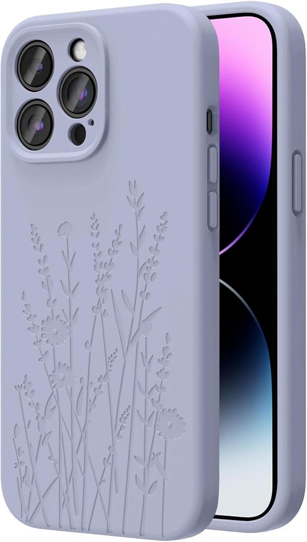 OAOA Magnetic Engraved Case Compatible with iPhone 14 Pro Case, Compatible with Magsafe, Camera All-Round Protection, Slim Liquid Silicone Phone Case for Women Girls, Lilac Flower
