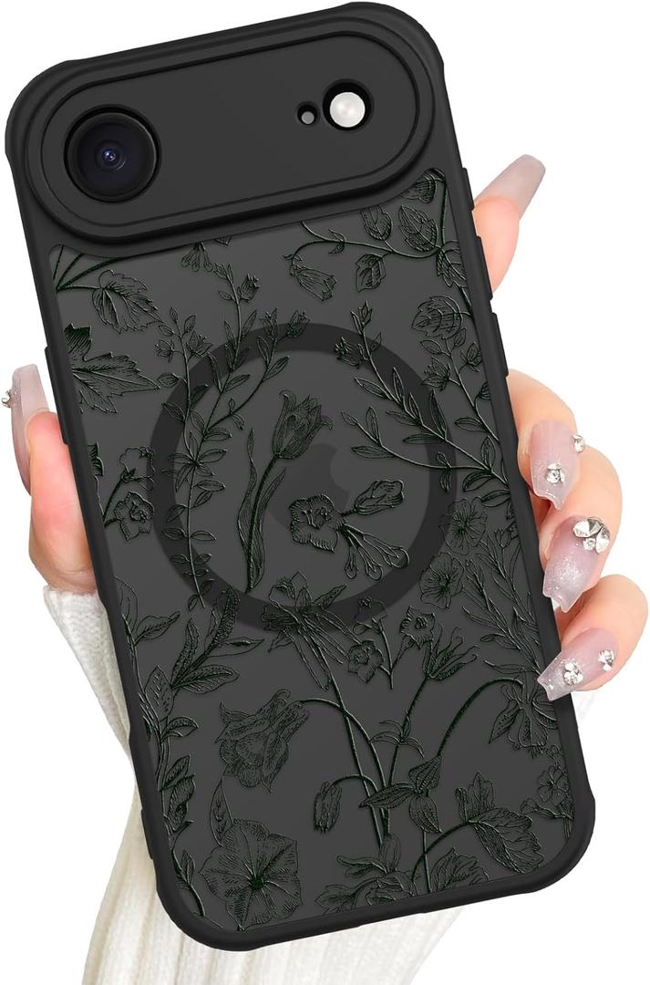 AIGOMARA Magnetic for iPhone Air Case, Compatible with Magsafe Cute Sage Flower Floral Pattern Screen Protector Camera Protection Matte Translucent Phone Case for Women Girls, Green