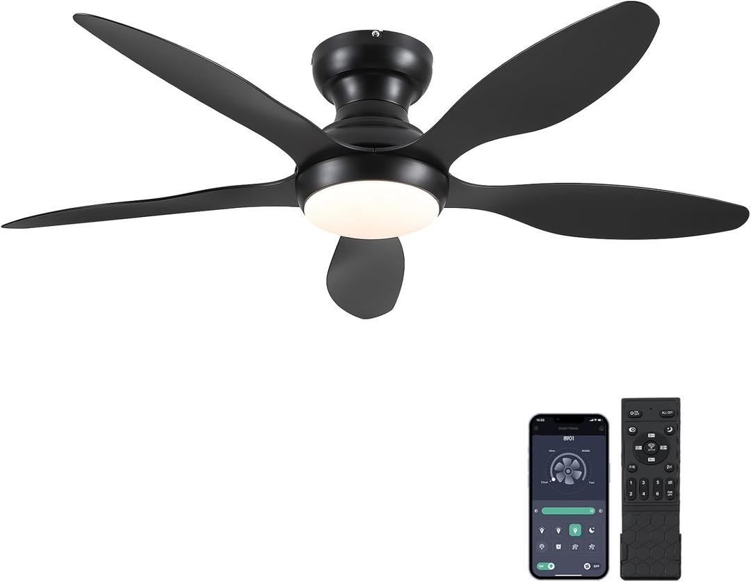 Ceiling Fans with Lights, 46 inch Modern Black Low Profile Ceiling Fan with Light and Remote App Control, Flush Mount, Quiet DC Reversible, Dim Led Ceiling Fan for Bedroom Kitchen Indoor/Outdoor Patio