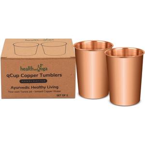 HealthAndYoga qCup Pure Copper Tumblers for Drinking - Ayurvedic Health Pure Copper Cups 2 pcs. set - 250 ml.(8 fl oz) (Plain)