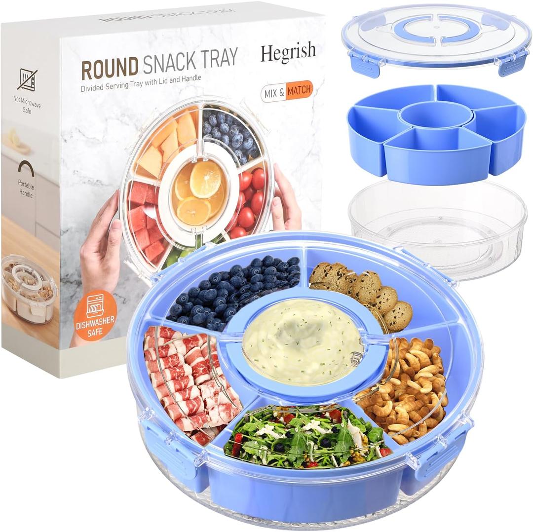 Divided Serving Tray with Lid and Handle,Large Snack Spinner,Snackle Box Container, Multi-Purpose Food Platter for Charcuterie Veggie Fruit, Taco Tuesday Movie Night Travel Beach Picnic Essentials (Blue)