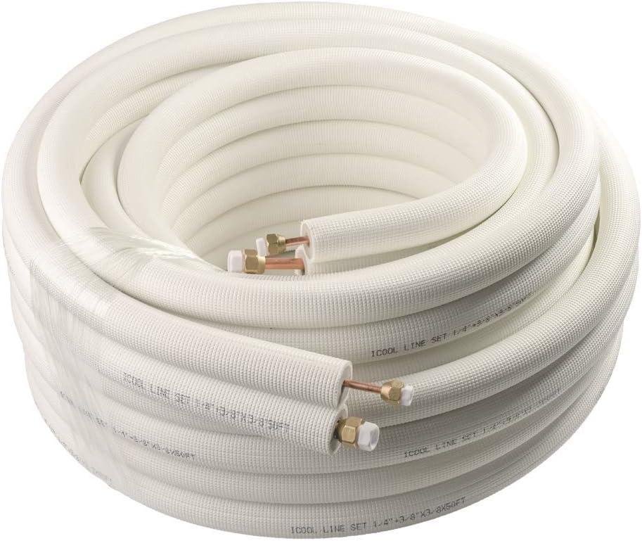Wostore 50Ft. Mini Split Line Set Includes Two Pipes 1/4" & 3/8" O.D. 3/8" Thickened PE Insulated Coil Copper Line with Nuts for Air Conditioner HVAC Refrigeration and Heating Equipment