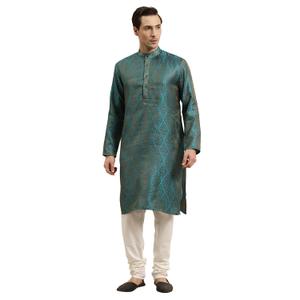 Sojanya (Since 1958 Men'S Jacquard Silk Kurta & Off-White Churidar Pyjama Set L