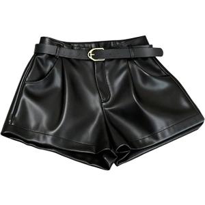 RoseSeek Women's A Line Leather Shorts Pleated Front High Waisted Wide Leg Mini Shorts Office Wear Black, Large