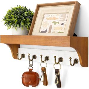 Rebee Vision Key and Mail Holder for Wall with Floating Shelf : 14 Inches Decorative Hanging Organizer with 5 Sturdy Keys Hooks and Wall Mount Key Rack - Farmhouse Entryway Decor (Light Brown & White)