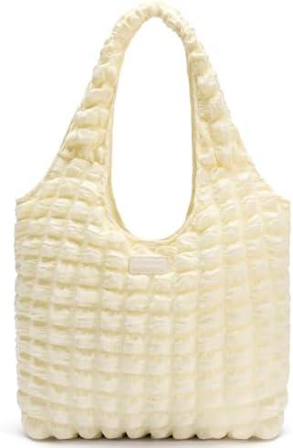BOSTANTEN Small Puffer Bag for Women Lightweight Hobo Handbag Bubble Puffy Shoulder Purse for Travel 13" L*11" H*3.13" W, Beige 