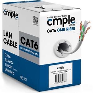 Cmple - Cat6 Cable 1000ft Bulk Lan Ethernet Cat 6 Wire Network UTP 23AWG CMR Riser 10Gbps 550 MHz Pull Box 1000 Feet, White