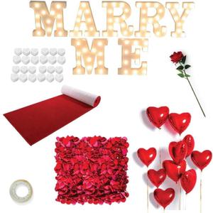 Proposal Decorations Kit, Marry Me Light Up Letters, 2000 Rose Petals, 24 Heart Shaped Romantic Candles, Red Carpet Aisle Runner 16 Feet, 10 Red Heart Balloons, 1 Engagement Rose Ring Box