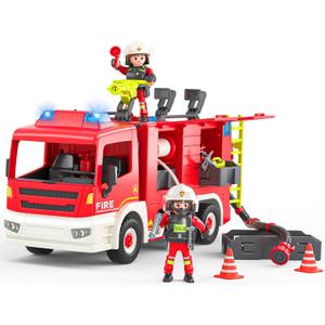 Large Fire Truck Toy with 2 Firefighters & Rescue Tools, Lights & Siren Sounds, Assemble & DIY Fire Rescue Truck Vehicle Toy for Boys Girls Christmas Birthday Gifts Kids Toys for 3 4 5 6 7 8 Years Old
