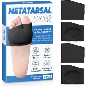 MasterMo Metatarsal Pads for Men and Women - Ball of Foot Pain Relief Cushions for Sesamoiditis, Metatarsalgia, Morton's Neuroma - 2 Pairs Fabric Sleeves with Gel Inserts (Black, M)
