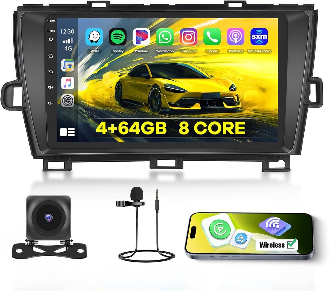 8 Core-Android 15 Car Radio for Toyota Prius 2010-2015: 4+64G Car Stereo with Wireless Carplay Android Auto DSP, 9 inch IPS Touch Screen with Bluetooth Radio for Prius GPS WiFi SWC FM RDS Dual USB