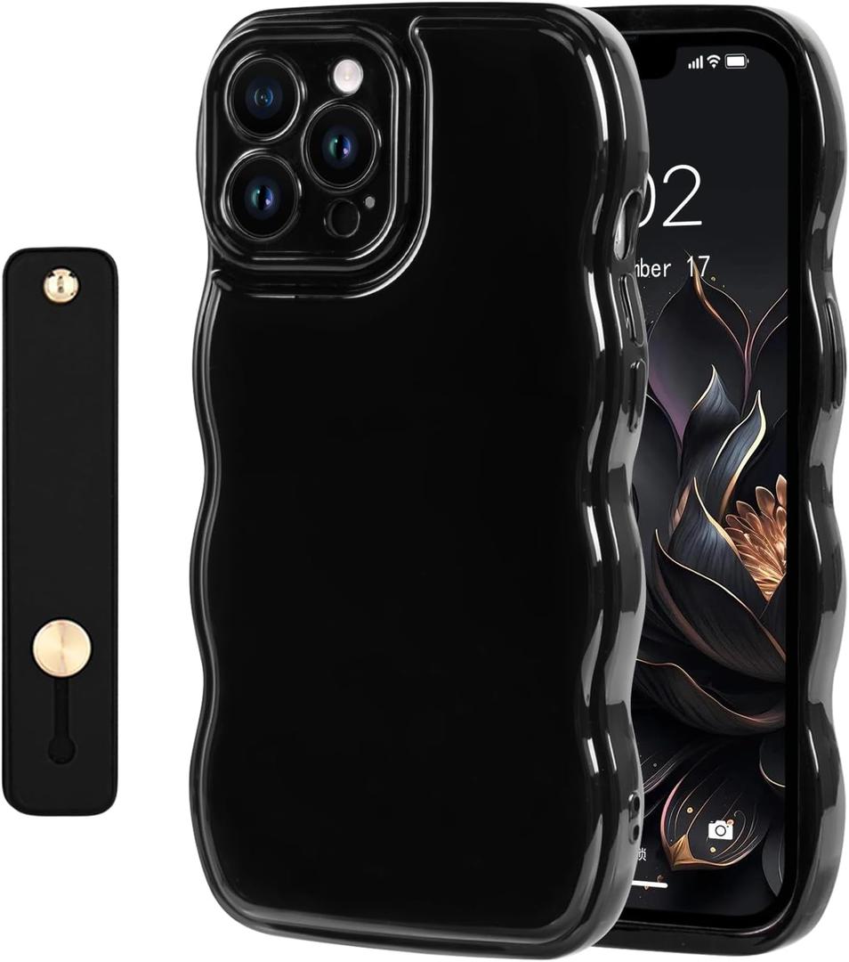 NITITOP Compatible with iPhone 15 Pro Max Case Cute Simple Wave Design Stylish Wavy Curly Frame with Wrist Adjustable Hand Strap Kickstand Grip Holder Soft Silicone Protective Cover - Black