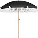 AMMSUN 7ft Patio Umbrella with Fringe Outdoor Tassel Umbrella UPF50+ Premium Steel Pole and Steel Ribs Push Button Tilt, Black (Noble Black)