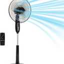 Amazon Basics 16" Pedestal Fan with Remote, Floor Fan, Standing Fan for Bedroom, Living Room, Office, with 3 Speeds, 3 Modes, Timer, Dual-Layered Blades, Adjustable Height, Tilt Head, 60W, Black