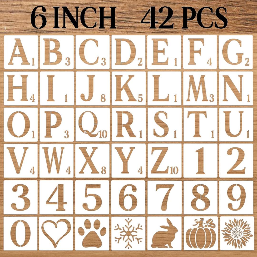 6 Inch Letter Stencils Numbers Craft Stencils, 42 Pcs Reusable Plastic Alphabet Drawing Templates for Painting on Wood, Wall, Fabric, Rock, Signage, Door Porch, DIY Art Projects