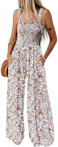 Dokotoo Women's Casual Loose Overalls Jumpsuits One Piece Sleeveless Printed Wide Leg Long Pant Rompers With Pockets, Medium