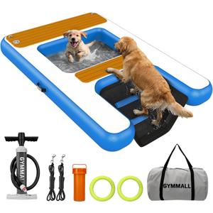 Large Dog Dock Ramp with Water Hammock 5.6 * 4ft, Inflatable Dog Water Ramp Platform 6 inch Thickened for Boat Pool Lake Sea, PVC Floating Boat Ramp for Dogs up to 330lbs, Dog Boat Ramp Blue