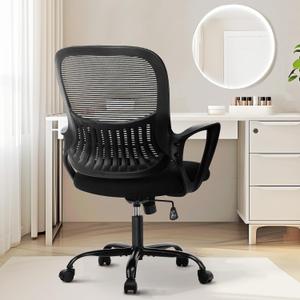 Sweetcrispy Home Office Managerial Executive Chair with Ergonomic Design, Mid-Back Mesh 360 Swivel, Comfortable Lumbar Support, Comfy Arms for Bedroom,Study,Student, Black, 18.5"D