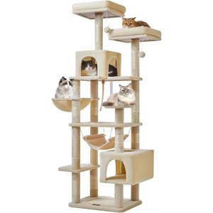 Taoqimiao Cat Tree, 71-Inch Cat Tree Cat Tower for Indoor Cats, Plush Multi-Level Cat Condo with 10 Scratching Posts, 2 Perches,Basket, 2 Caves, Hammock, 2 Pompoms, MS020M Beige (XXL (21 x17x71.7 Inches))
