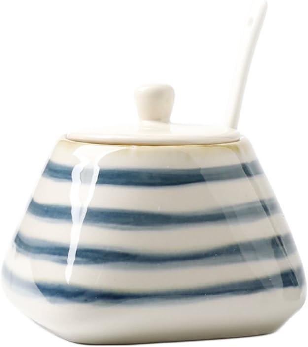 CHOOLD Vintage Hand-Painted Ceramic Spice Jar with Lid Spoon Seasoning Box Condiment Pots Spice Racks for Kitchen Restaurant Housewarming Gift (Stripes)