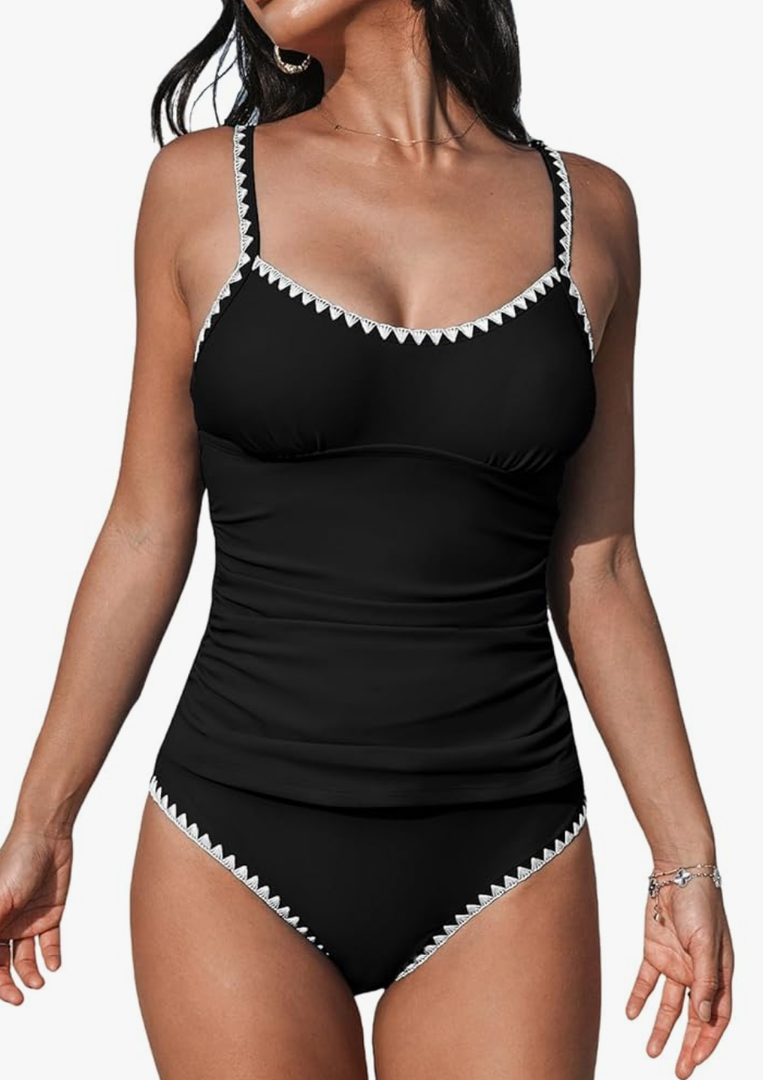 CUPSHE Women's Tankini Sets Two Piece Swimsuit Scoop Neck Mid Rise Adjustable Straps Shell Stitched, 11-12Y