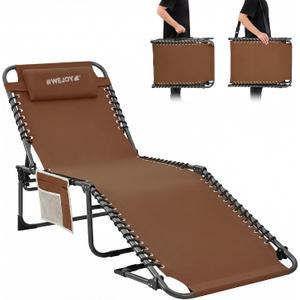 #WEJOY Folding Lounge Chair Outdoor, 5-Position Adjustable Sunbathing Tanning Chair with Shoulder Strap & Side Pocket, Heavy Duty Reclining Chair for Patio Pool Camping, Portable Folding Bed Cot Khaki