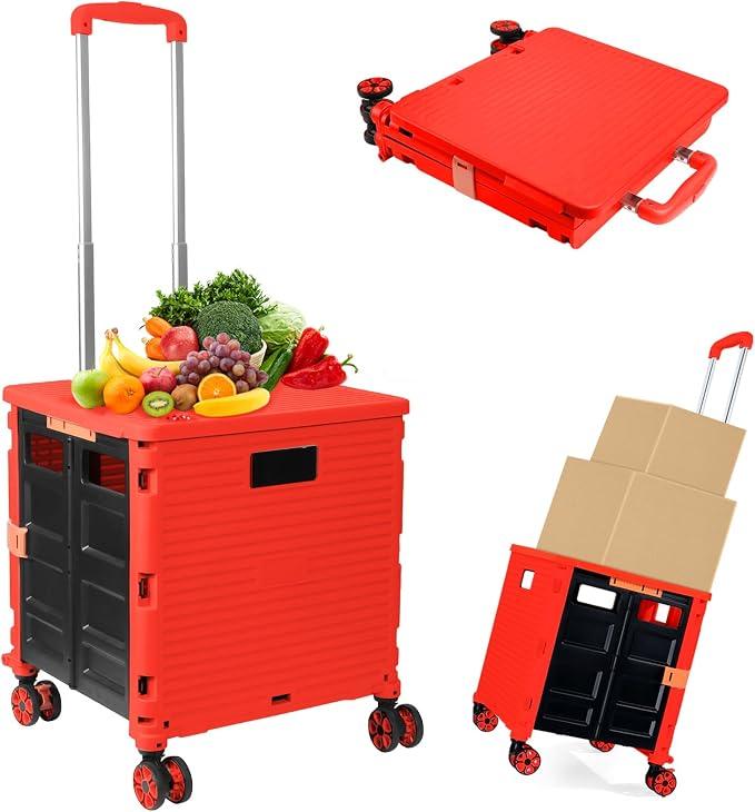 SUNALLY Folding Utility Cart Rolling Crate Handcart Shopping Trolley, Red