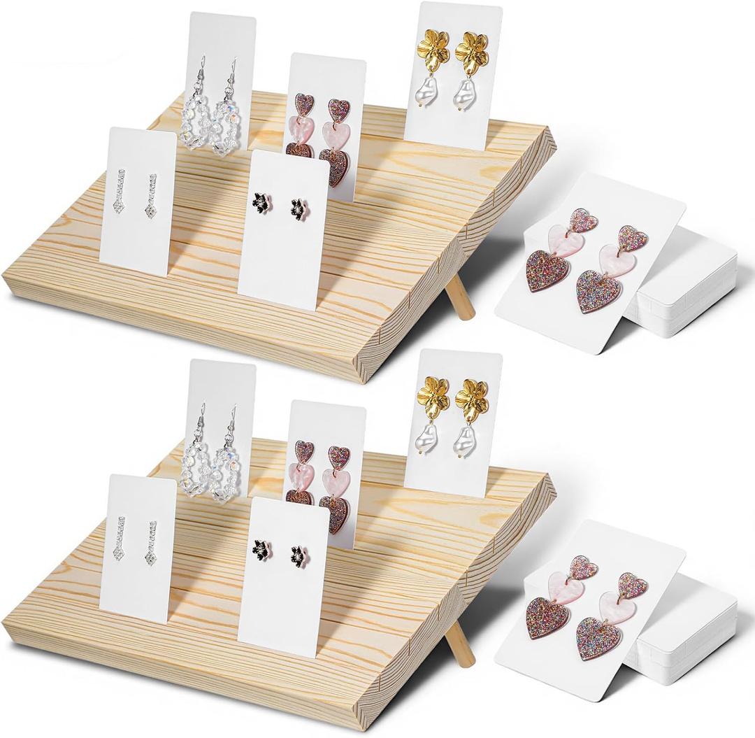 62 Pcs Wooden Earring Display Stand with Cards, Vintage Jewelry Display Holder for Selling 2 Sets Wood Earring Card Stand for Vendors, Retail Shows and Craft Fairs
