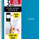 Five Star Spiral Notebook + Study App, 3 Subject, Wide Ruled Paper, 8" x 10-1/2", 150 Sheets, Fights Ink Bleed, Water Resistant Cover, Tidewater Blue (73184)