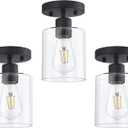 Black 1-Light Semi Flush Mount Ceiling Light, Rustic Kitchen Lighting Fixtures Ceiling, Classic Ceiling Light Fixtures, Cieling Light with Glass Shade for Hallway Foyer Farmhouse Bedroom 3 Pack