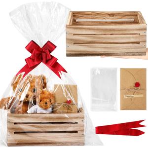 Wonderjune Wooden Baskets for Valentine's Day Gifts Empty Wood Basket with Cellophane Bag Ribbon Greeting Card for Birthday Baby Shower Wedding Housewarming Gifts Packaging(Brown,Large)