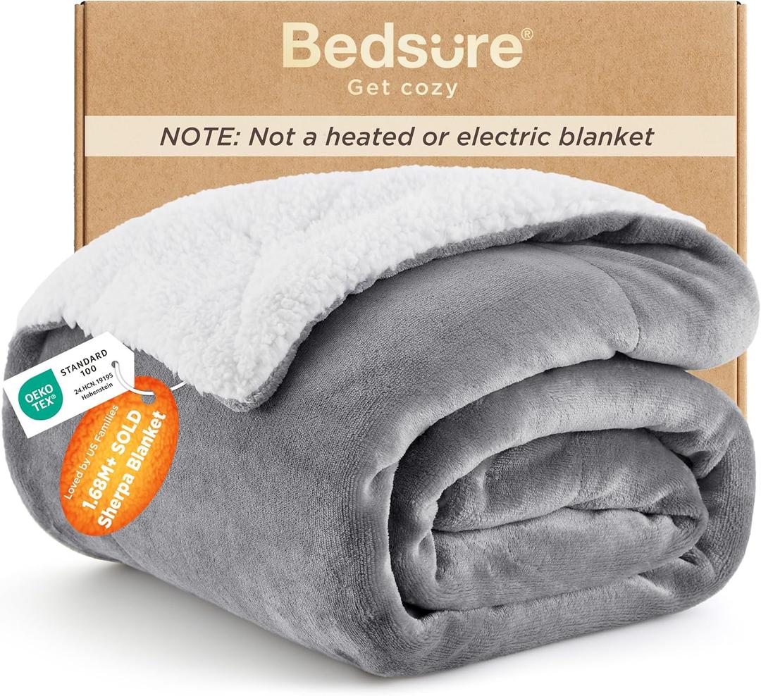 Bedsure GentleSoft Sherpa Fleece Throw Blanket for Couch, Non-Heated, Thick & Warm Cozy Blanket for Winter, Soft Fuzzy Plush Throw Gifts for Women and Men, Grey, 50x60 Inches